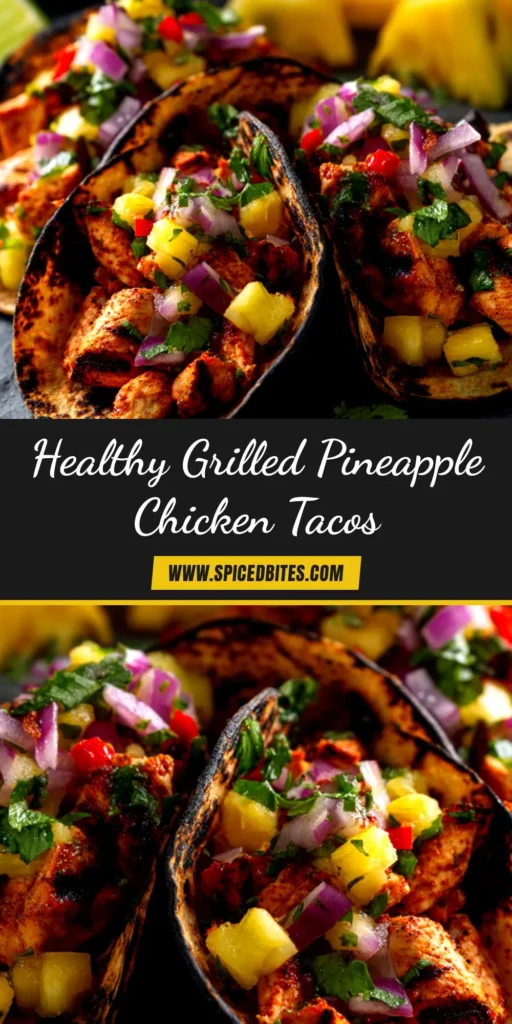 A plate of delicious Pineapple Chicken Tacos, with fresh pineapple salsa and cilantro spilling out of warm tortillas.