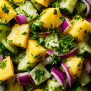 Pineapple Cucumber Salad (Quick & Refreshing Recipe!) 3 A close-up view of the Pineapple Cucumber Salad, showing the texture of the juicy pineapple chunks and crisp cucumber.