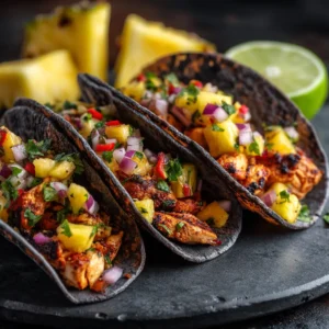 A close-up shot of juicy, cooked chicken pieces for sweet and savory chicken tacos, showing the caramelized texture.