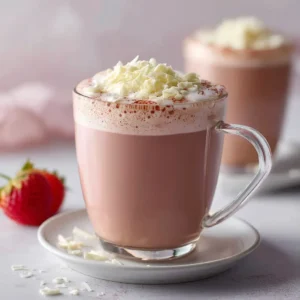 Strawberry Hot Chocolate: A Creamy, Dreamy Valentine's Treat 4 A warm mug of pink hot chocolate made with real strawberries, sitting on a wooden table next to fresh berries.