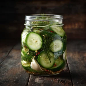 Refrigerator Pickles: The Easiest, Crispiest Recipe 3 A close-up view of freshly sliced cucumbers, garlic, and dill being packed into a glass jar before adding the brine for quick pickles.