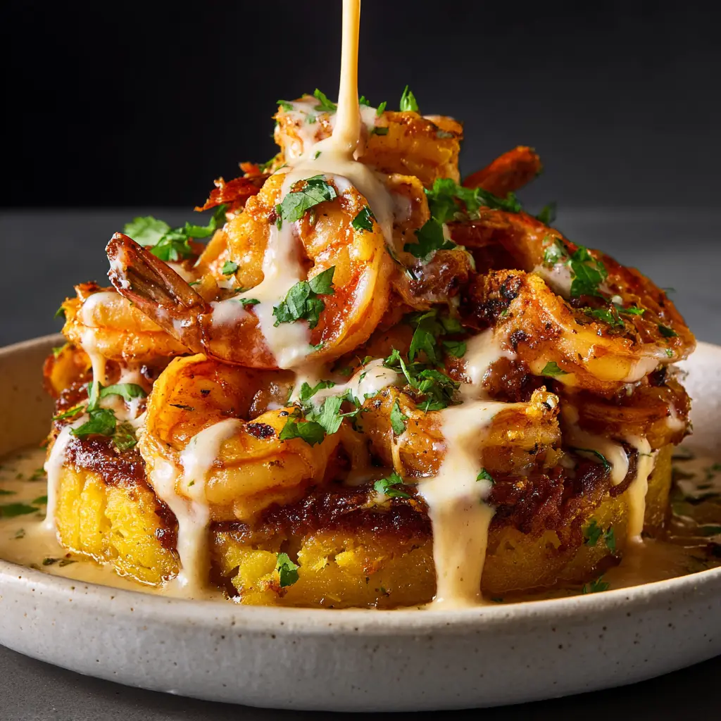 Garlic Shrimp Mofongo (Mofongo de Camarones al Ajillo) 1 A serving of Puerto Rican mofongo with shrimp, highlighting the fresh parsley garnish and savory garlic butter sauce.