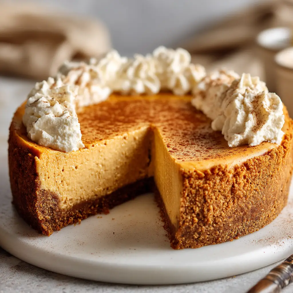 Pumpkin Cheesecake Recipe: Your Guide to Creamy, Crack-Free Perfection 1 A close-up shot of a pumpkin cheesecake slice, detailing the velvety texture of the filling and the buttery graham cracker crust.