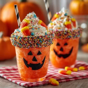 Pumpkin Floats: The Ultimate Easy Fall Treat 4 Two vibrant orange Pumpkin Floats in tall glasses, showcasing the fizzy soda and creamy ice cream scoops.