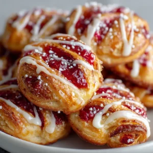 A close-up macro photograph of a freshly baked Raspberry Cheesecake Danish, showing the flaky layers of the puff pastry and the creamy filling.