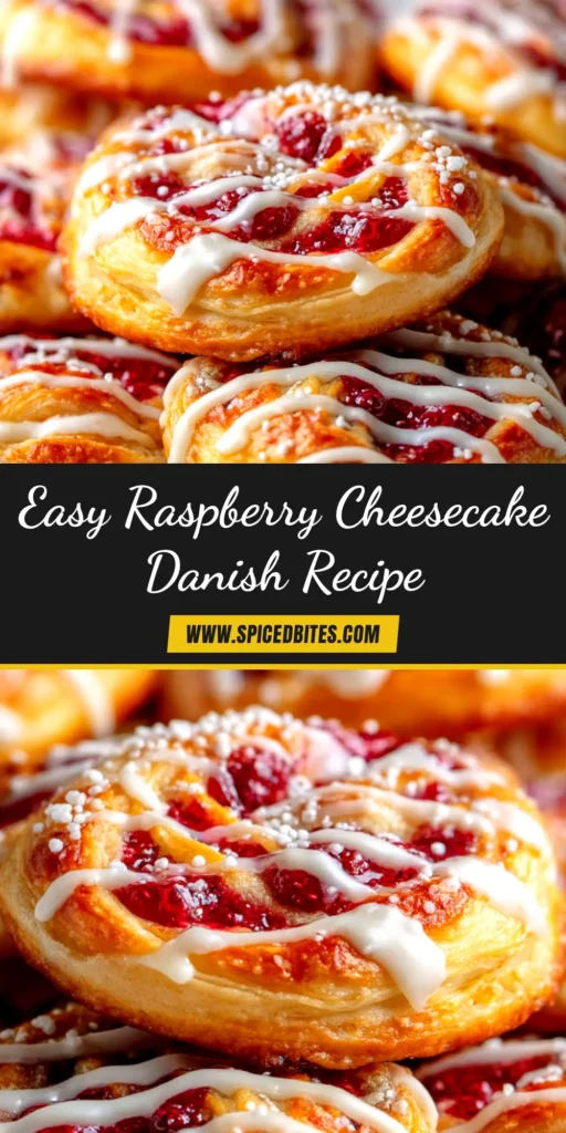 An overhead shot of several golden-baked Raspberry Cheesecake Danish pastries drizzled with white glaze, ready to be shared.