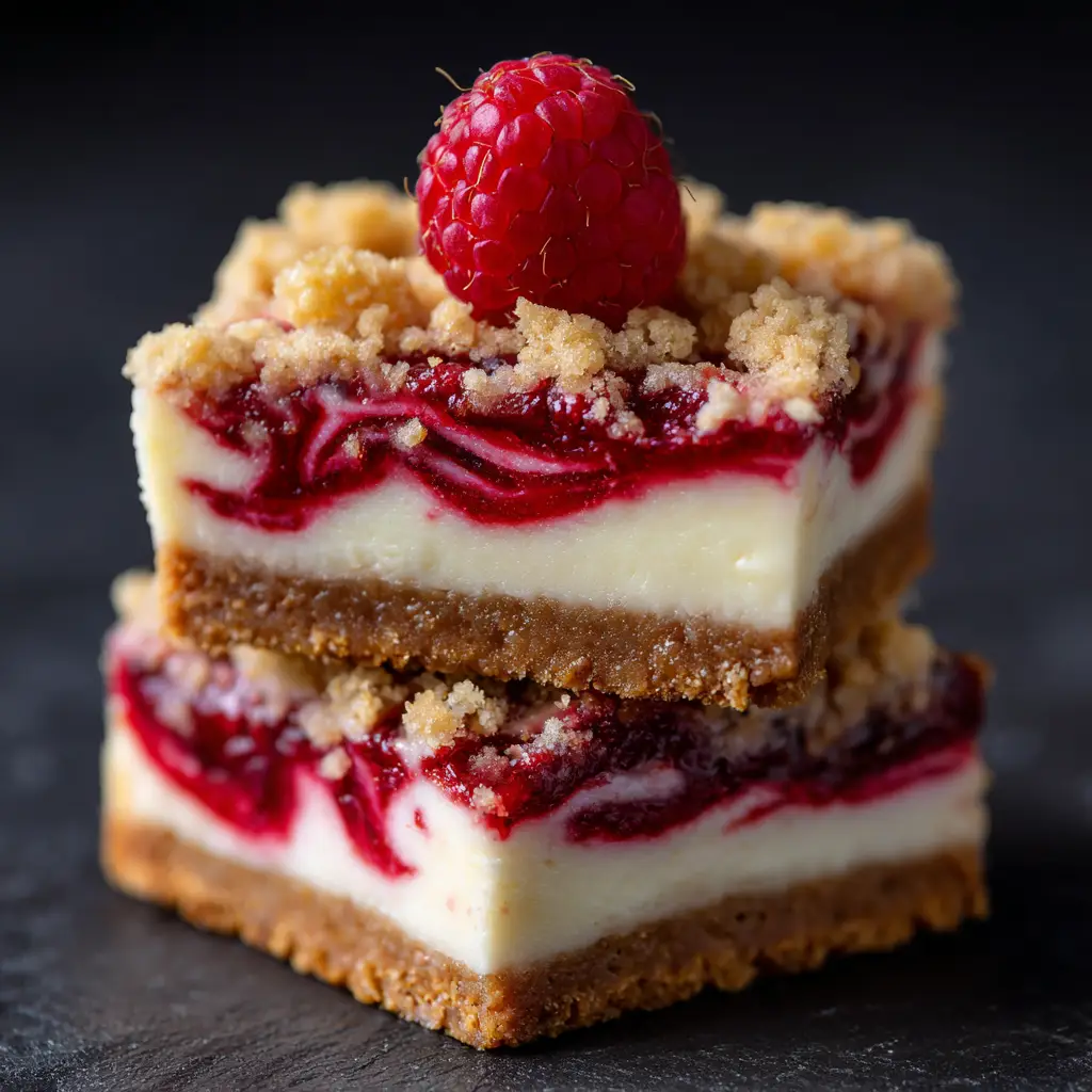 Raspberry Cheesecake Bars (The Best Easy Recipe) 1 A close-up of the raspberry swirl on top of the cheesecake bars before being sliced, showing the marbled pattern of the fruit puree in the creamy filling.