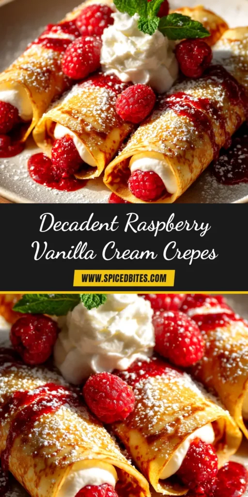 Raspberry Vanilla Cream Crepes: An Irresistibly Elegant Treat 3 A plate of perfectly folded Raspberry Vanilla Cream Crepes, drizzled with vibrant red raspberry sauce and dusted with powdered sugar.