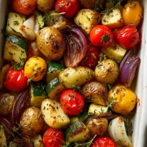 A close-up overhead shot of a white ceramic bowl filled with roasted Greek vegetables, showcasing the vibrant colors and textures of the dish.