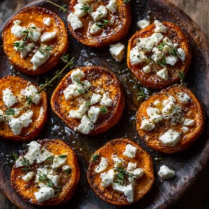 An overhead shot of roasted sweet potato rounds on a baking sheet before toppings are added. The rounds are golden brown and perfectly caramelized.