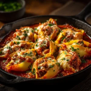 Sausage Stuffed Shells with Ricotta and Marinara 3 A serving of sausage stuffed shells on a black plate, showcasing the savory ricotta and sausage filling inside a jumbo pasta shell.