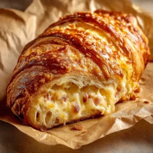 Ham and Cheese Sourdough Croissant Loaf 4 A close-up shot of the flaky, buttery layers of the Ham and Cheese Sourdough Croissant Loaf, showing the melted cheddar and gruyere cheese.