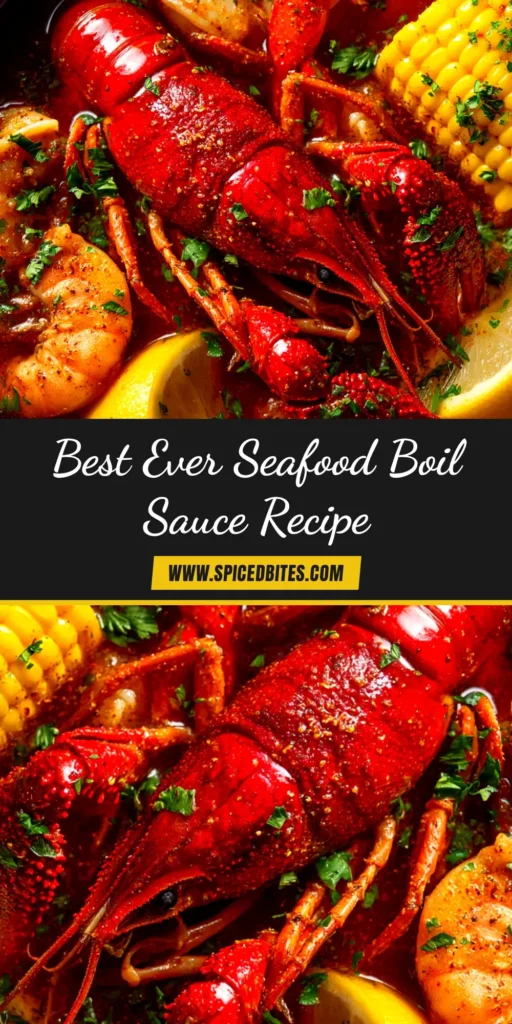 A rich and buttery Seafood Boil Sauce Recipe in a bowl, surrounded by shrimp and crawfish. The perfect Cajun butter sauce for a party.
