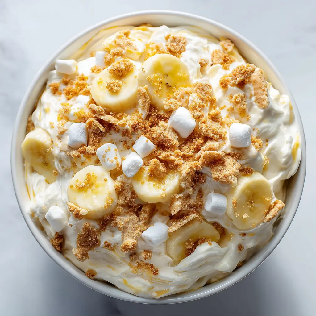 A spoonful of Banana Pudding Fluff Salad being lifted from a bowl, ready to be served. This highlights the scoopable nature of this potluck dessert.