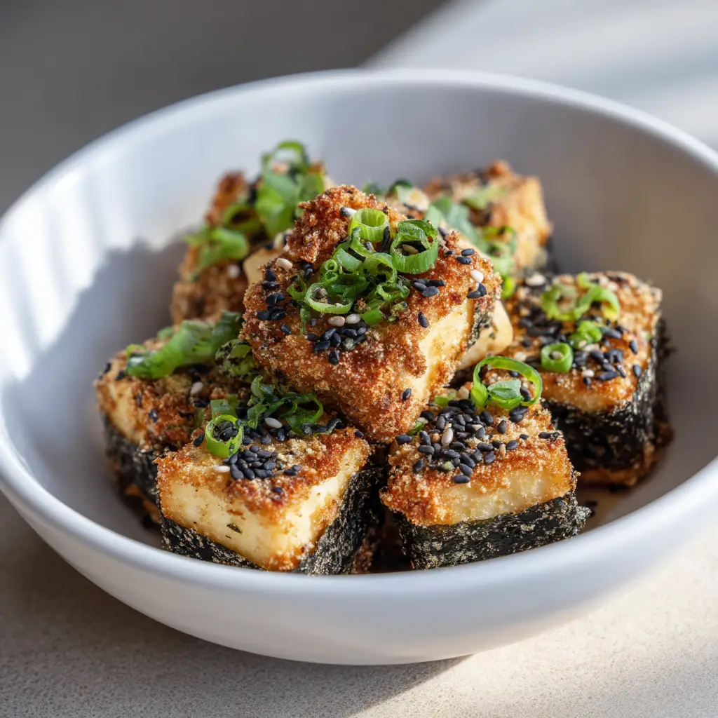 A serving platter of freshly made crispy seaweed tofu, garnished with sesame seeds and green onions. A small bowl of soy-ginger dipping sauce is nearby.
