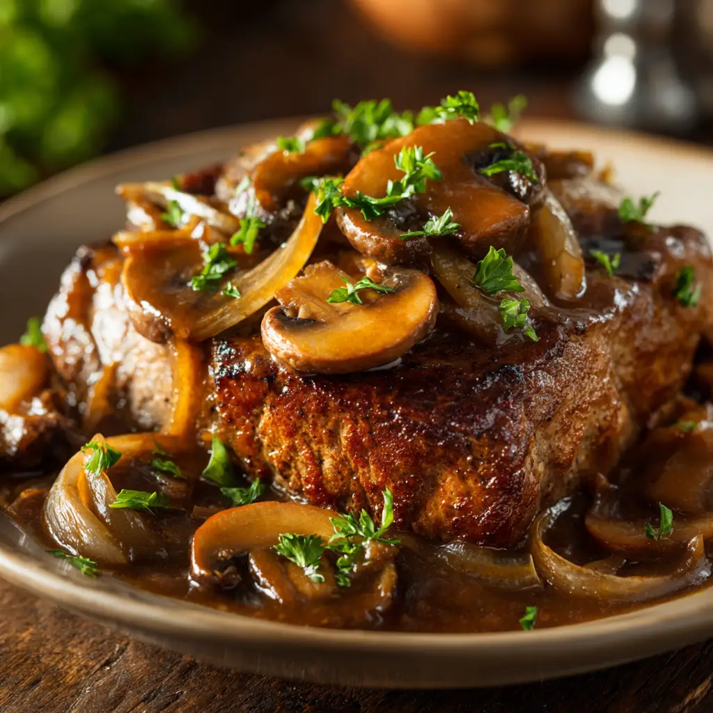 Crock Pot Cube Steak: The Ultimate Tender & Savory Recipe 1 A serving of crock pot cube steak and gravy being spooned over creamy mashed potatoes.