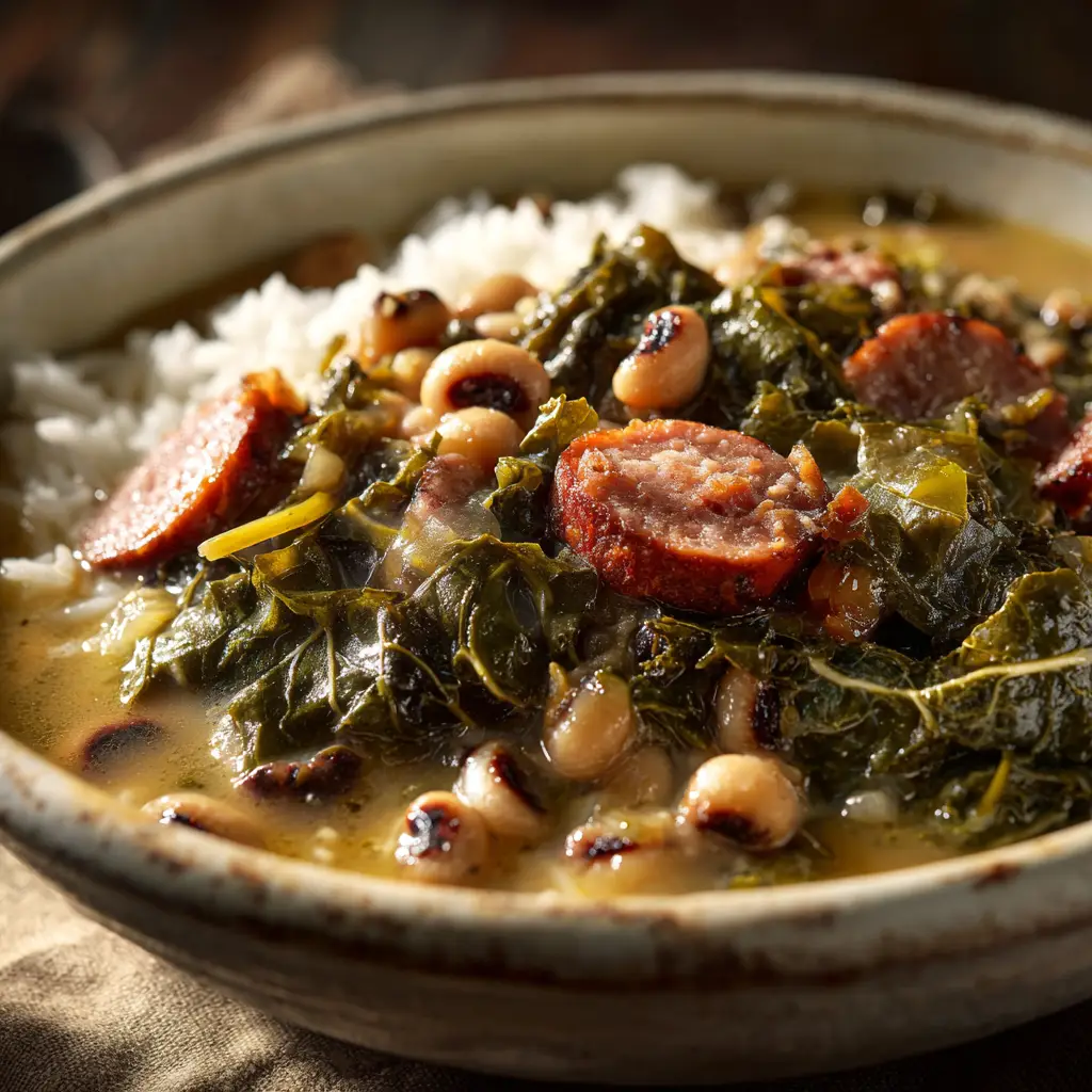 Crockpot Black Eyed Peas and Collard Greens: The Ultimate Comfort Food 1 A hearty serving of crockpot black eyed peas and collard greens ready to be eaten. The perfect meal for a cozy night in.