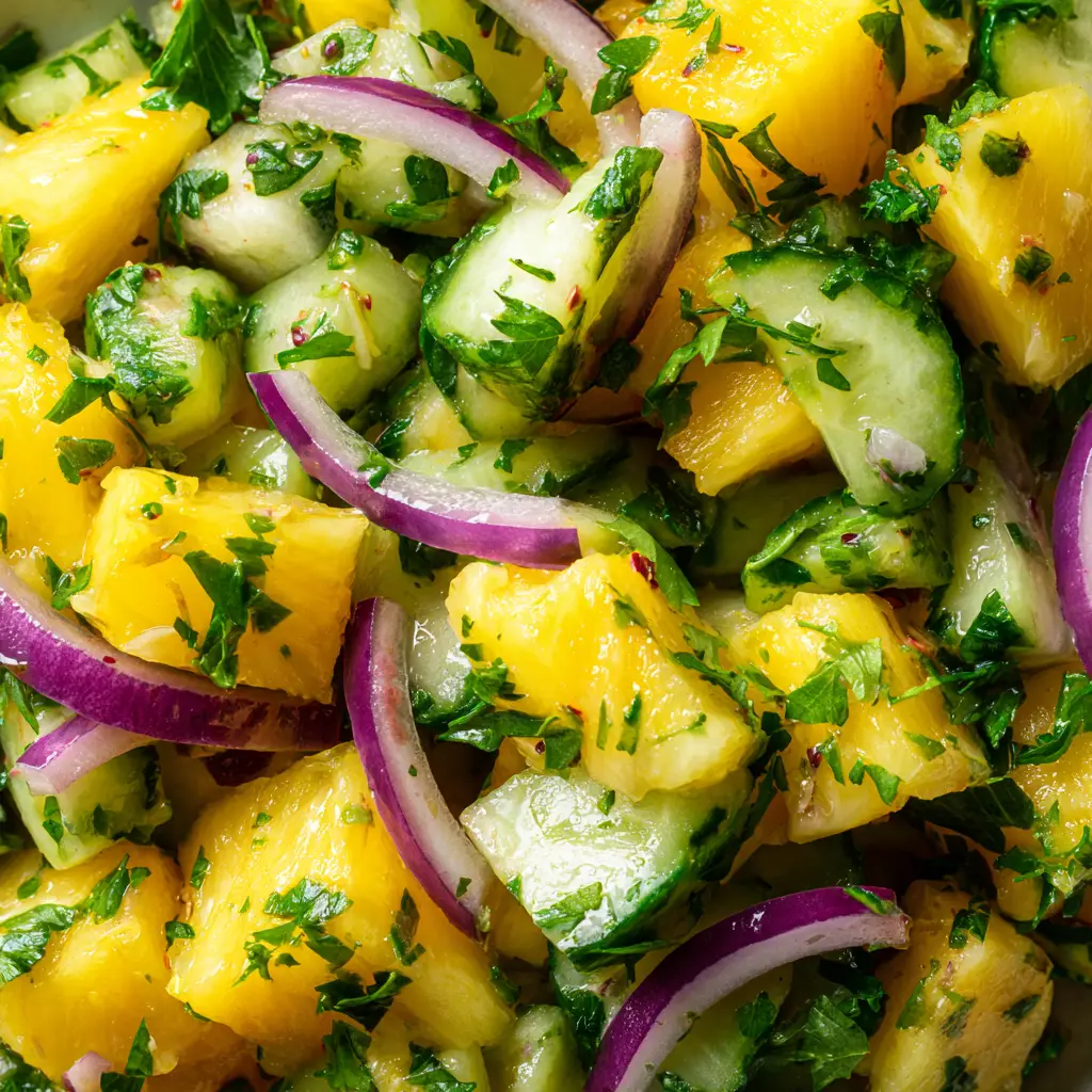 Pineapple Cucumber Salad (Quick & Refreshing Recipe!) 1 A serving spoon scooping some Pineapple Cucumber Salad from a bowl, ready to be served as a delicious BBQ side salad.