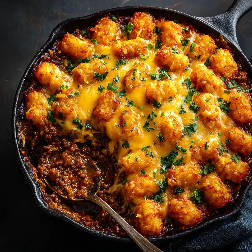 Sloppy Joe Tater Tot Casserole: The Ultimate Comfort Food Mashup 1 A scoop of the sloppy joe casserole being lifted from the dish, showing the layers of meat, cheese, and tater tots.