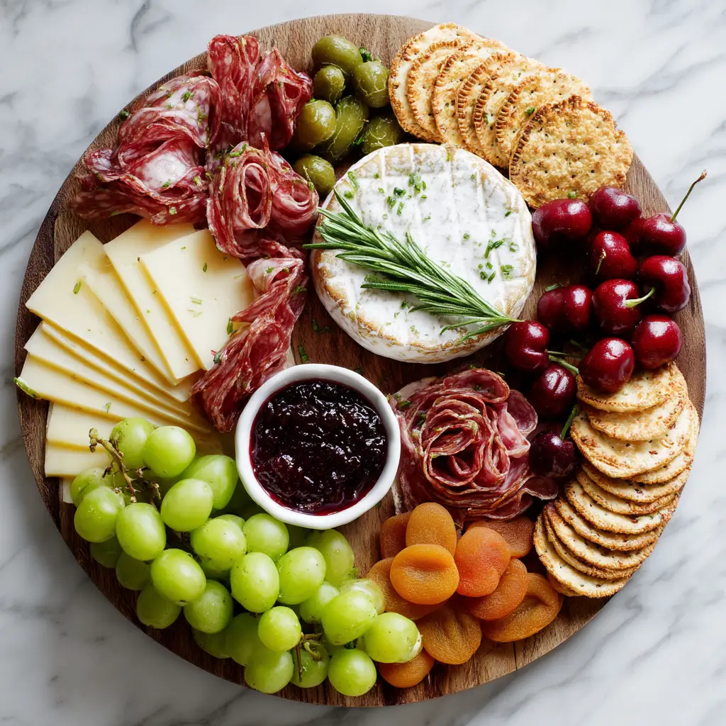 A simple charcuterie board arrangement showing how to place cheeses, crackers, and fruits for a stunning presentation.