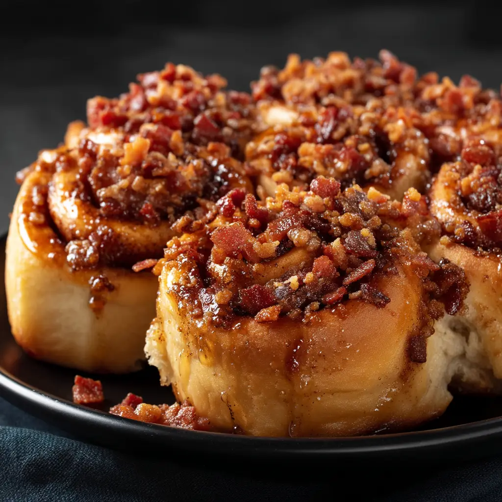 Maple Bacon Cinnamon Rolls: The Ultimate Sweet & Savory Treat 1 A single Maple Bacon Cinnamon Roll on a plate, highlighting the pillowy texture of the dough and the glistening candied bacon topping.