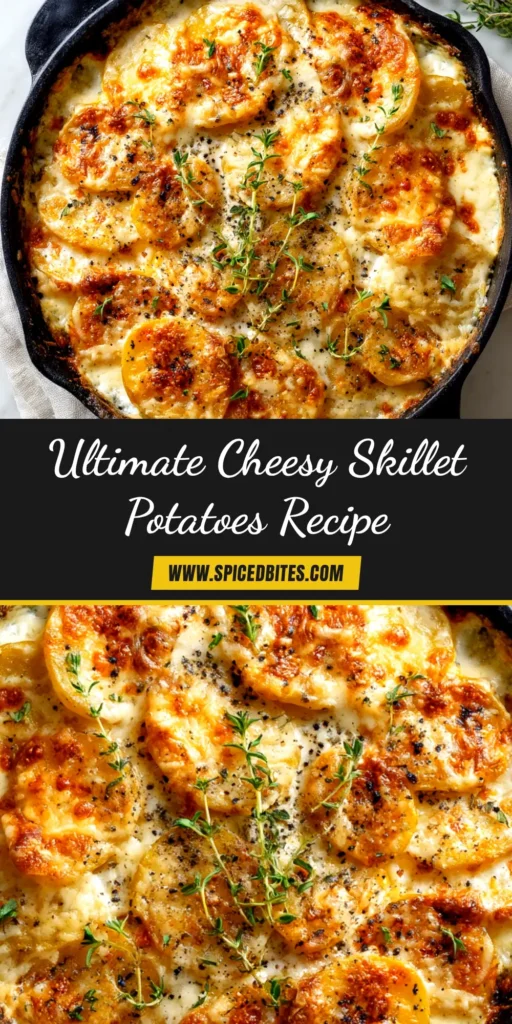 An overhead shot of Skillet Potatoes au Gratin, golden brown and bubbly in a black cast-iron skillet, ready to be served.