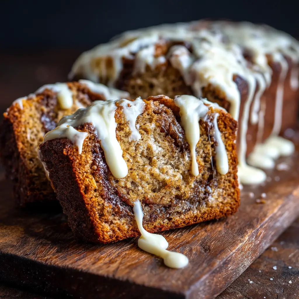 Cinnamon Roll Banana Bread (The Only Recipe You'll Ever Need) 1 A slice of Cinnamon Roll Banana Bread on a plate, highlighting the gooey cinnamon filling and the moist, tender crumb of the bread.