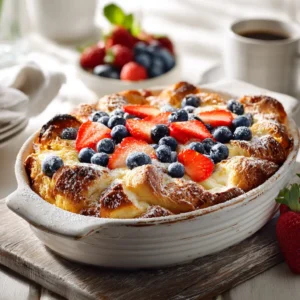 Croissant Breakfast Casserole (The Ultimate Make-Ahead Recipe) 4 A close-up slice of croissant breakfast casserole on a white plate, showcasing the fluffy egg and melted cheese layers between pieces of golden croissant.