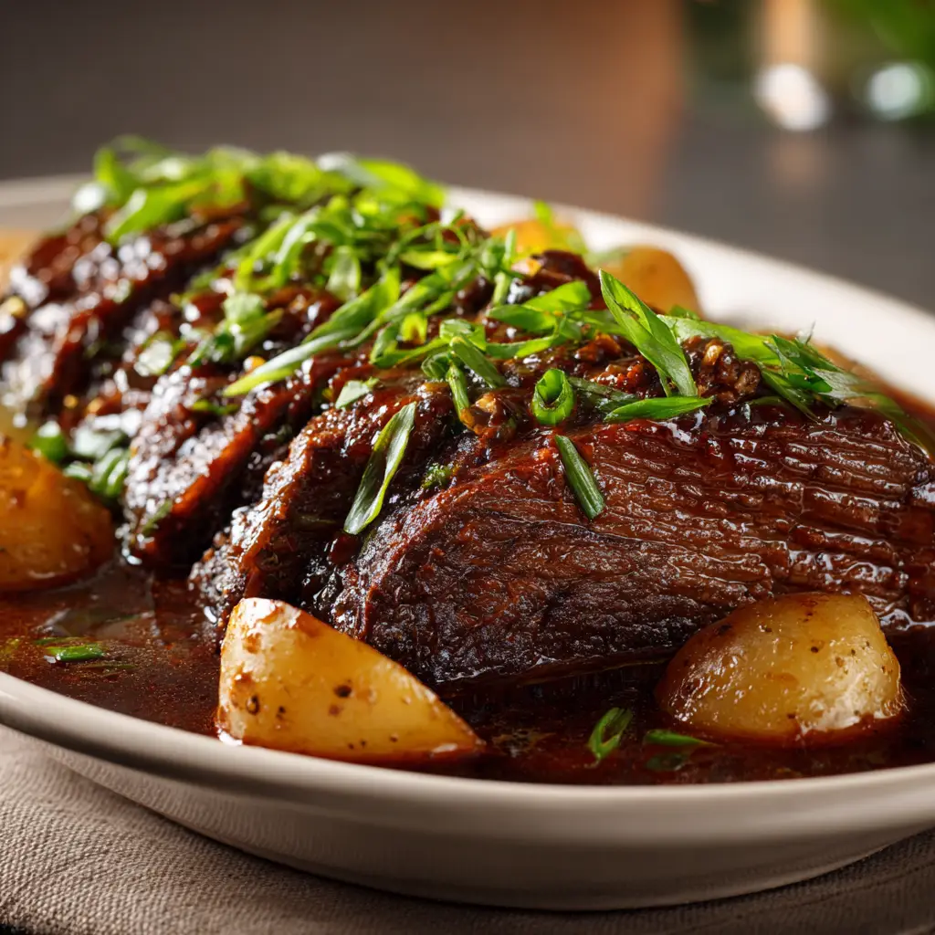 Slow Cooker Beef Brisket (Fall-Apart Tender!) 1 Sliced slow cooker beef brisket arranged on a wooden cutting board, ready to be served for dinner.