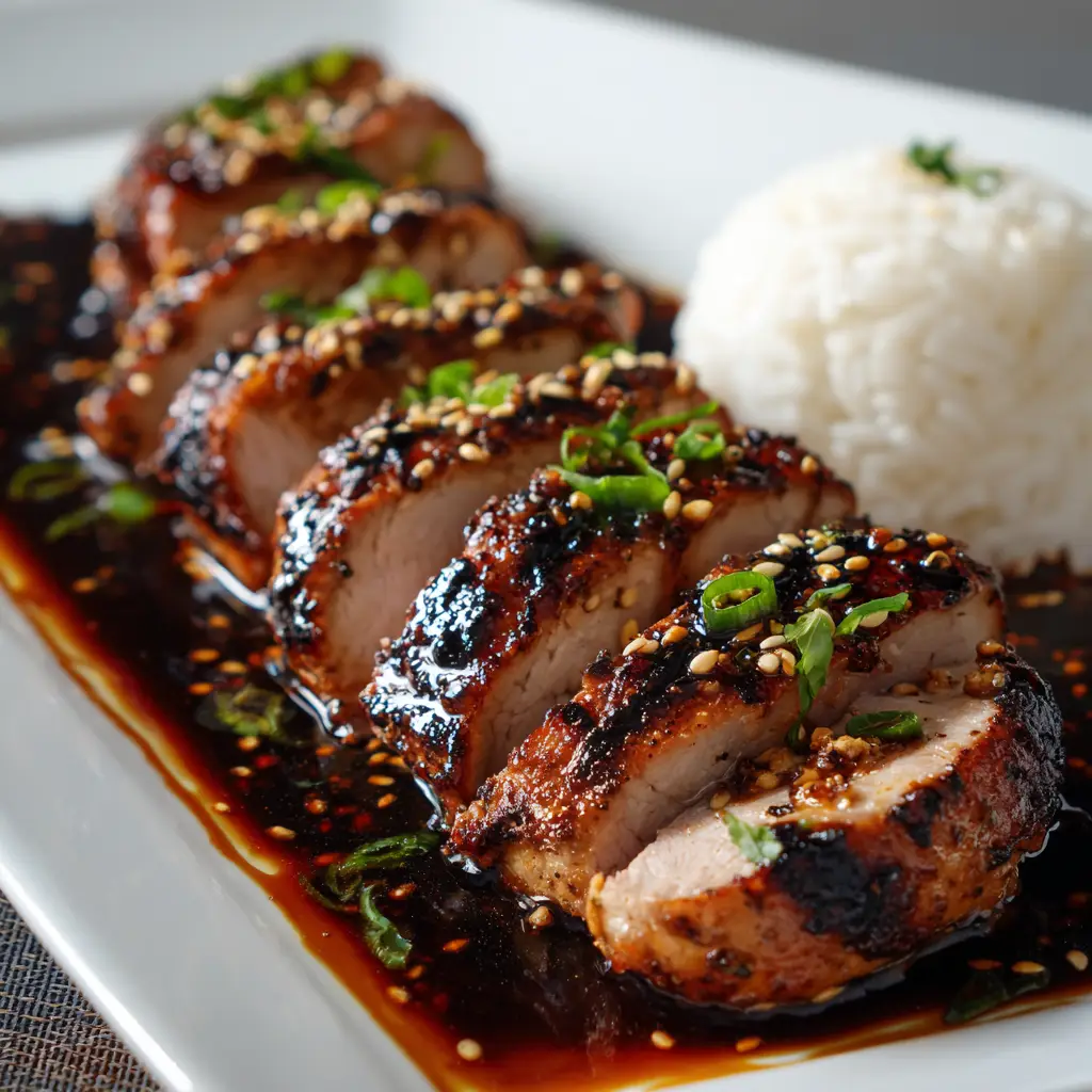 Sliced teriyaki pork tenderloin on a wooden cutting board, showcasing the perfectly cooked, slightly pink and juicy center.