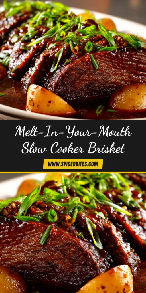 Slow Cooker Beef Brisket (Fall-Apart Tender!) 3 An overhead shot of a perfectly cooked Slow Cooker Beef Brisket, sliced and ready to serve, highlighting its juicy and tender texture. The title reads 'The Ultimate Slow Cooker Beef Brisket'.