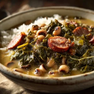 Crockpot Black Eyed Peas and Collard Greens: The Ultimate Comfort Food 4 An extreme close-up of southern style slow cooker black eyed peas and collard greens in a rustic bowl, showing the tender texture of the ingredients.