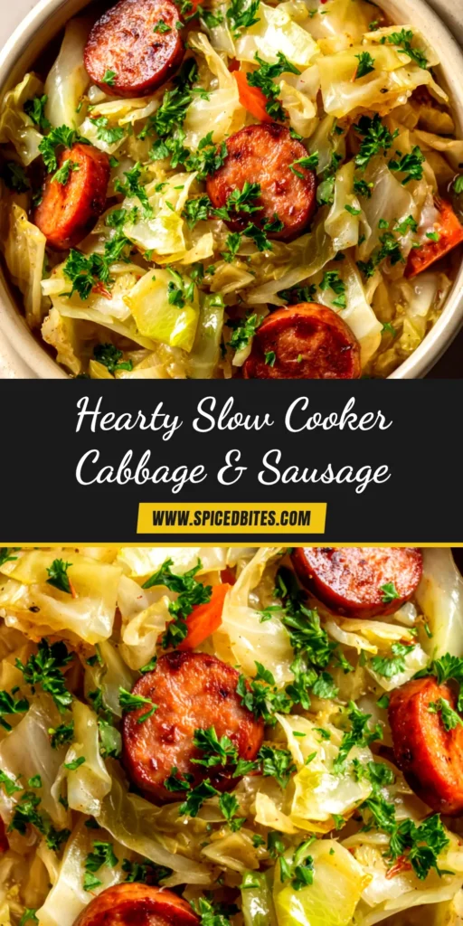 Slow Cooker Cabbage and Sausage: The Easiest, Most Flavorful Recipe 3 A top-down view of a white bowl filled with delicious Slow Cooker Cabbage and Sausage, garnished with fresh herbs. This easy Crock-Pot meal is perfect for a comforting weeknight dinner.