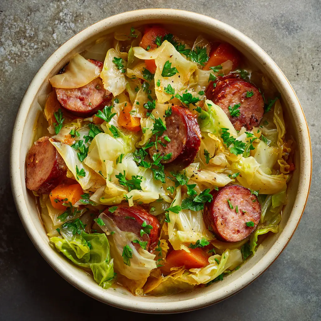 Slow Cooker Cabbage and Sausage: The Easiest, Most Flavorful Recipe 1 A close-up view of the ingredients for slow cooker cabbage and sausage, including sliced kielbasa and chopped cabbage, ready to be cooked.