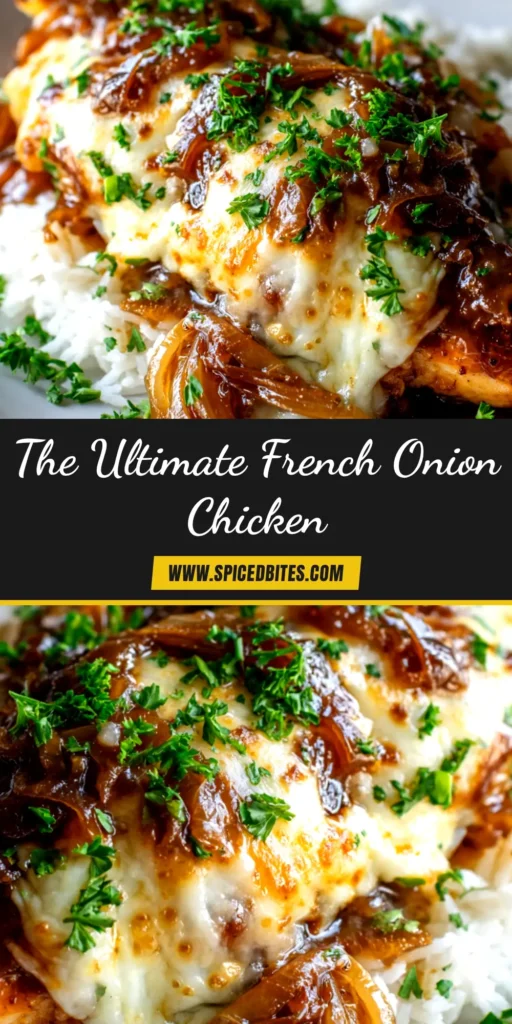 Slow Cooker French Onion Chicken (The Easiest, Cheesiest Recipe!) 3 A serving of Slow Cooker French Onion Chicken in a white bowl, topped with golden, bubbly cheese and fresh parsley.