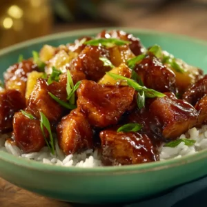Crockpot Hawaiian Chicken (The Easiest, Juiciest Recipe!) 4 An extreme close-up of glistening, sweet and tangy Crockpot Hawaiian Chicken, showing the texture of the shredded chicken and sauce.