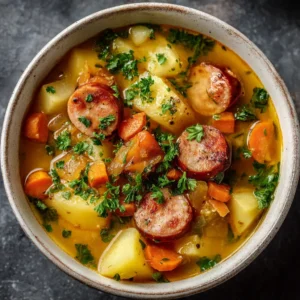 Kielbasa Potato Soup (The Ultimate Creamy Recipe) 4 An overhead view of a pot of smoked sausage and potato soup simmering on the stove. The ingredients like carrots, celery, and potatoes are visible in the creamy broth.