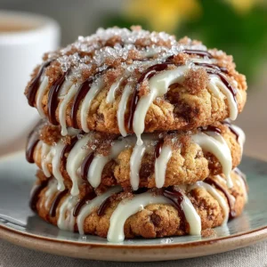 A stack of three soft coffee cake cookies with a crumbly streusel topping, set against a clean background. One cookie has a bite taken out.