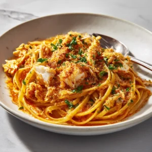 Spicy Crab Pasta with Garlic and Chili 4 A close-up shot of spicy crab linguine in a white bowl, showing tender pieces of crab meat and chili flakes.