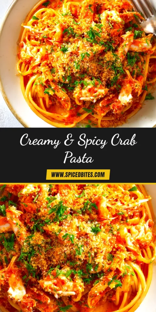 Spicy Crab Pasta with Garlic and Chili 3 A beautiful plate of spicy crab pasta, garnished with fresh parsley and a lemon wedge, ready to be shared on Pinterest.
