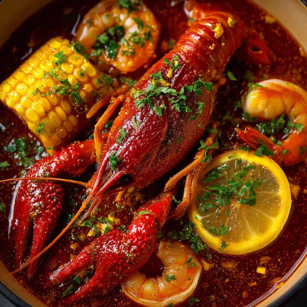 A pot of spicy seafood boil sauce simmering on the stove, ready to be poured over shrimp, crab, and corn.