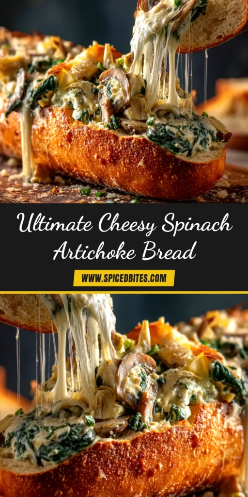 A golden-brown baked Spinach Artichoke Stuffed Baguette sliced into pieces on a wooden board, showing the creamy, cheesy filling.