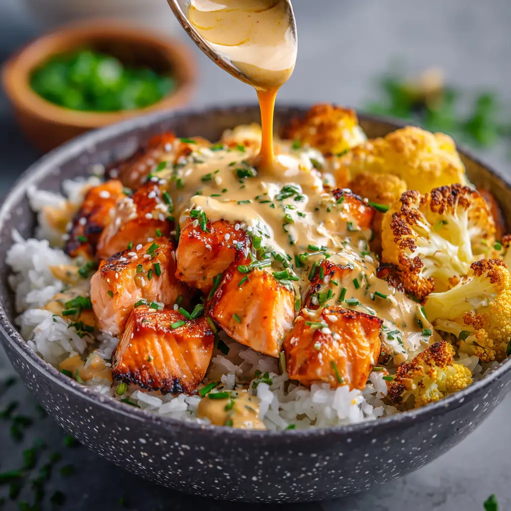 Sriracha Honey Salmon Bowls: The Perfect 20-Minute Weeknight Meal 1 Two fully assembled Sriracha Honey Salmon Bowls ready to eat, showcasing the fresh vegetable toppings like avocado and cucumber.
