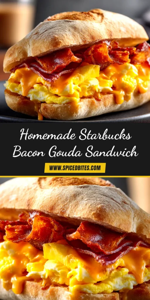 Starbucks Bacon Gouda Sandwich Recipe: The Ultimate Copycat 3 A perfectly assembled Starbucks Bacon Gouda Sandwich recipe copycat, showing melted cheese and crispy bacon on a ciabatta roll, ready to be eaten.