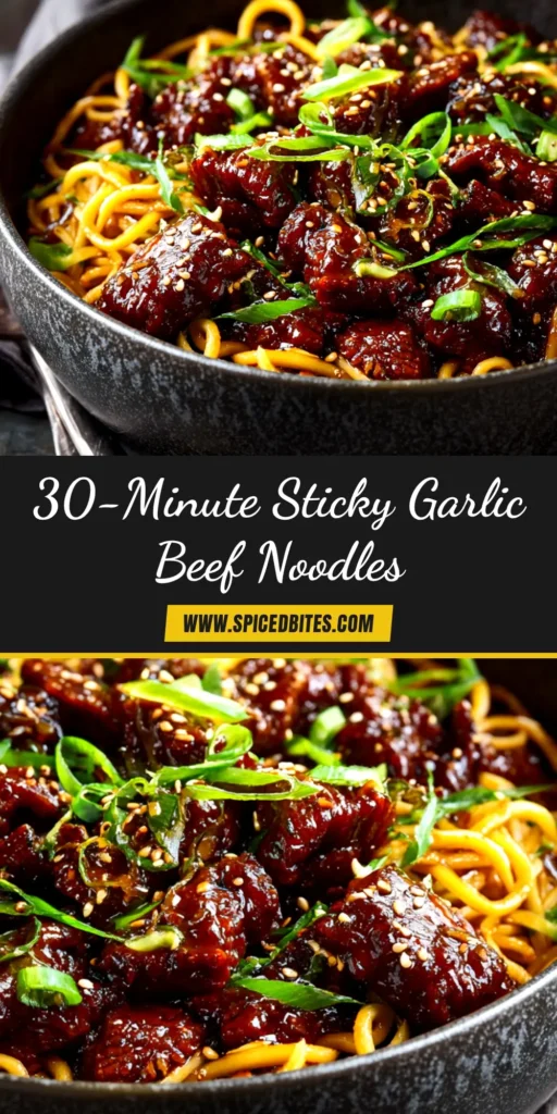 Sticky Garlic Beef (The Easiest, Most Flavorful Recipe!) 4 A top-down view of a white bowl filled with delicious Sticky Garlic Beef, garnished with sesame seeds and fresh green onions, ready to be shared on Pinterest.