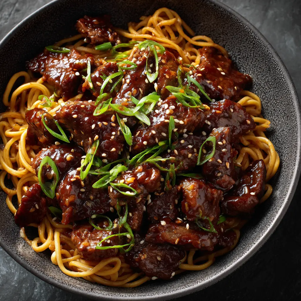 Sticky Garlic Beef (The Easiest, Most Flavorful Recipe!) 1 A beautiful serving of sticky garlic beef over a bed of white rice, garnished with chopped scallions and sesame seeds.