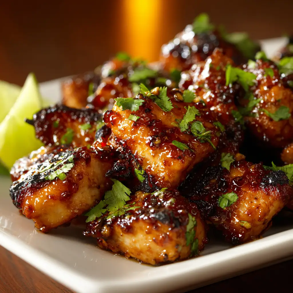 Thai Chicken Bites: The Ultimate Easy Appetizer 1 A plate of sweet chili chicken bites garnished with fresh herbs, ready to be served as a party appetizer.