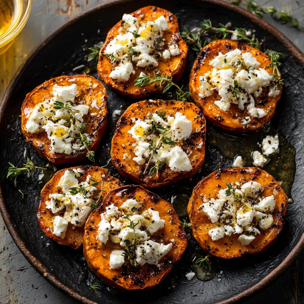A close-up shot of the finished sweet potato appetizer bites on a dark plate, showing the creamy goat cheese and vibrant cranberries.