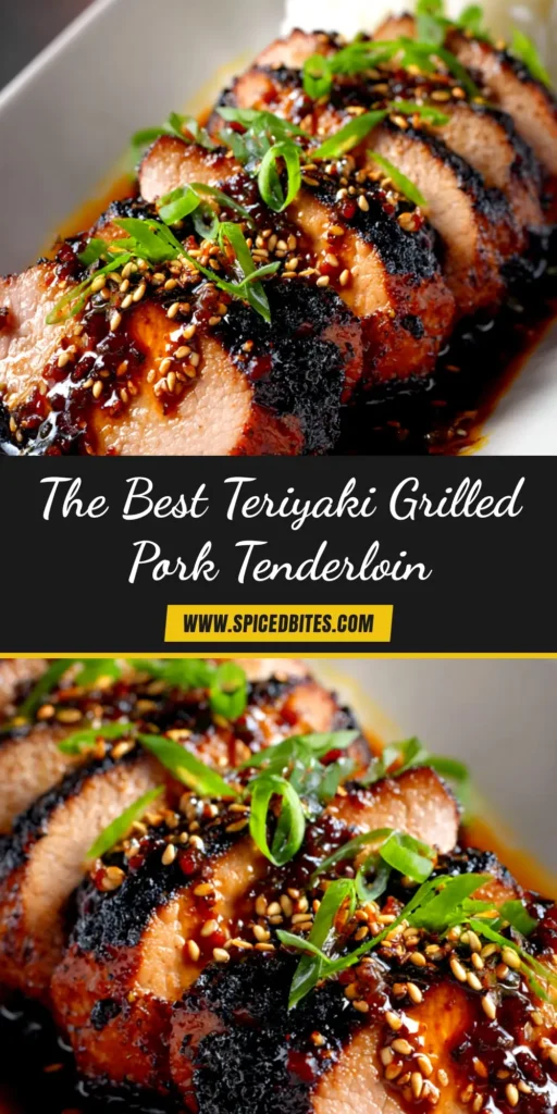 A perfectly cooked Teriyaki Grilled Pork Tenderloin, sliced to show its juicy interior, drizzled with a thick teriyaki glaze and garnished with sesame seeds.