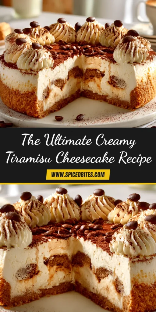 A beautiful slice of tiramisu cheesecake on a white plate, showing the distinct layers of creamy cheesecake, coffee-soaked ladyfingers, and a dusting of cocoa powder.